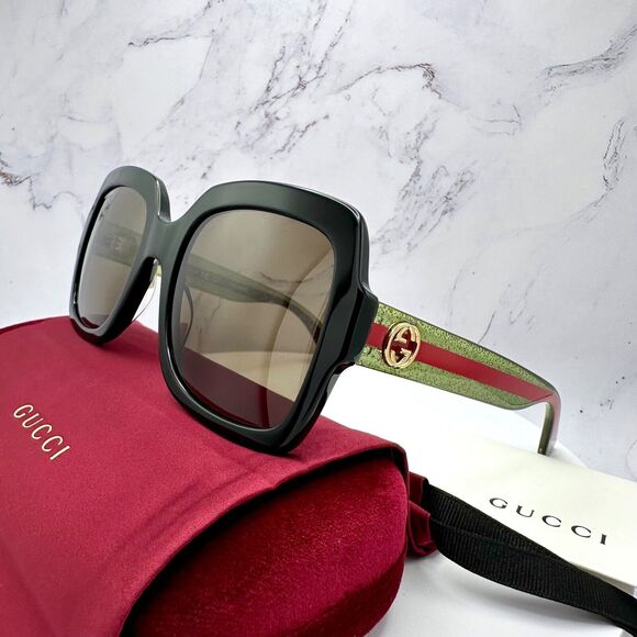 New Gucci Sunglasses Black Square Red Green Web Arms Gold Metal GG Logo - Picture 8 of 16